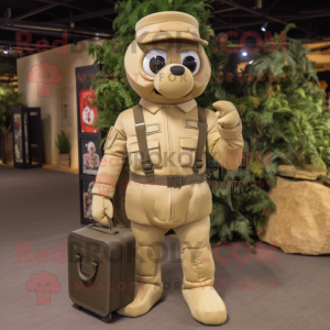 Beige Commando mascot costume character dressed with a Overalls and Briefcases