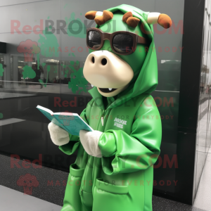 Green Jersey Cow mascot costume character dressed with a Raincoat and Reading glasses