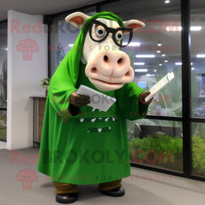 Green Jersey Cow mascot costume character dressed with a Raincoat and Reading glasses