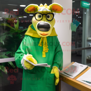 Green Jersey Cow mascot costume character dressed with a Raincoat and Reading glasses