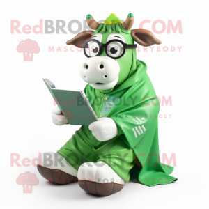 Green Jersey Cow mascot costume character dressed with a Raincoat and Reading glasses