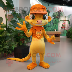 Orange Geckos mascot costume character dressed with a Culottes and Mittens