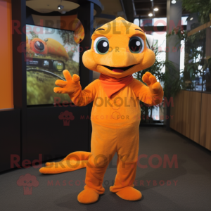 Orange Geckos mascot costume character dressed with a Culottes and Mittens