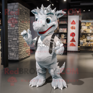 Silver Dragon mascot costume character dressed with a Dungarees and Wallets