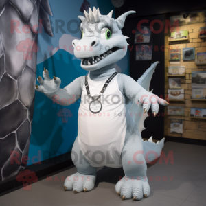 Silver Dragon mascot costume character dressed with a Dungarees and Wallets