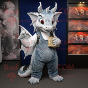 Silver Dragon mascot costume character dressed with a Dungarees and Wallets