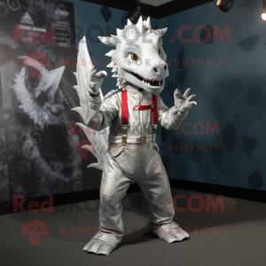 Silver Dragon mascot costume character dressed with a Dungarees and Wallets