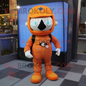 Orange Astronaut mascot costume character dressed with a Flannel Shirt and Berets