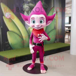 Magenta Elf mascot costume character dressed with a Yoga Pants and Wraps