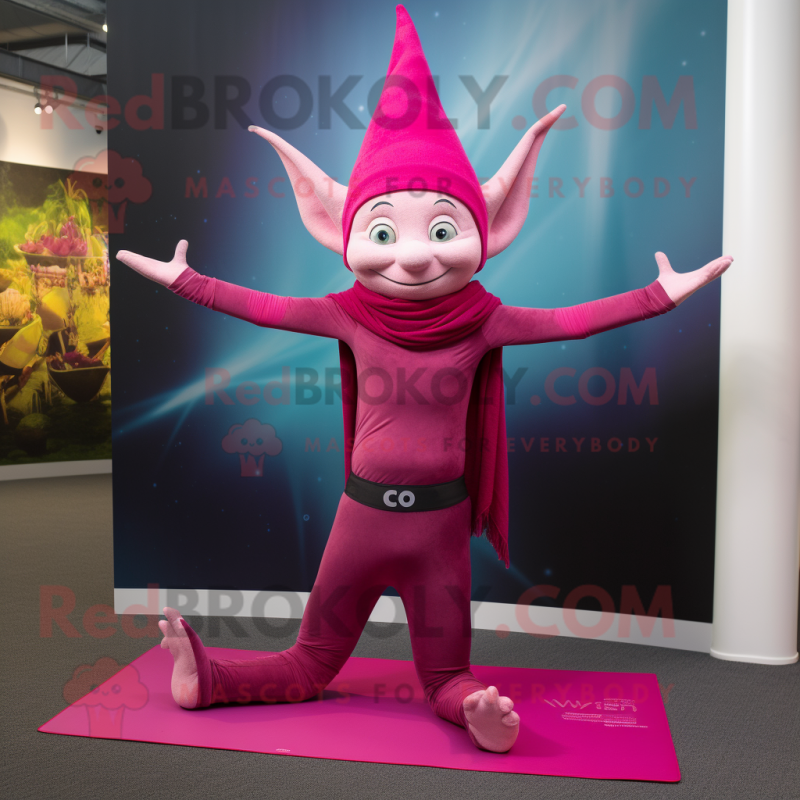 Magenta Elf mascot costume character dressed with a Yoga Pants and Wraps