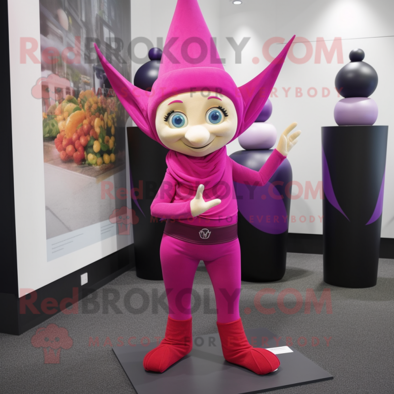 Magenta Elf mascot costume character dressed with a Yoga Pants and Wraps