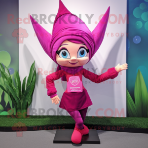 Magenta Elf mascot costume character dressed with a Yoga Pants and Wraps
