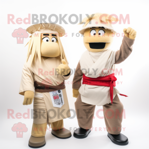 Beige Samurai mascot costume character dressed with a Boyfriend Jeans and Scarf clips