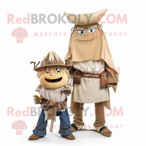 Beige Samurai mascot costume character dressed with a Boyfriend Jeans and Scarf clips