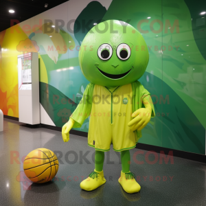 Lime Green Basketball Ball mascot costume character dressed with a Raincoat and Caps