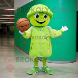 Lime Green Basketball Ball mascot costume character dressed with a Raincoat and Caps