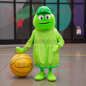 Lime Green Basketball Ball mascot costume character dressed with a Raincoat and Caps