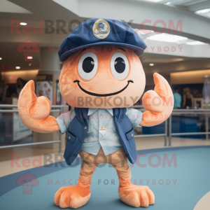 Peach Crab mascot costume character dressed with a Chambray Shirt and Hat pins