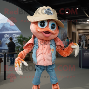 Peach Crab mascot costume character dressed with a Chambray Shirt and Hat pins