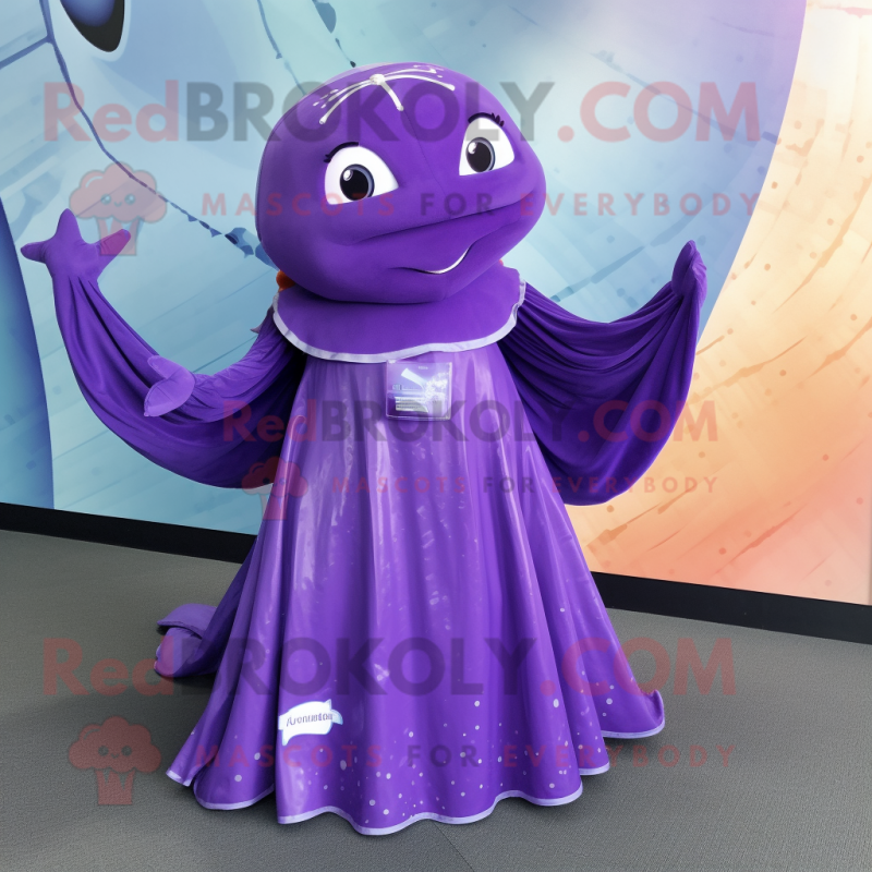 Purple Humpback Whale mascot costume character dressed with a Empire Waist Dress and Brooches