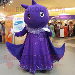 Purple Humpback Whale mascot costume character dressed with a Empire Waist Dress and Brooches