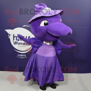 Purple Humpback Whale mascot costume character dressed with a Empire Waist Dress and Brooches