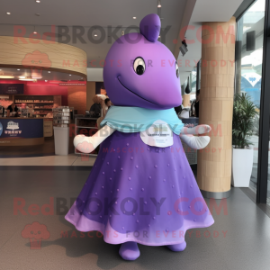 Purple Humpback Whale mascot costume character dressed with a Empire Waist Dress and Brooches