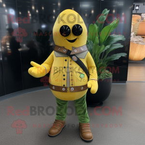 Yellow Cucumber mascot costume character dressed with a Leather Jacket and Lapel pins