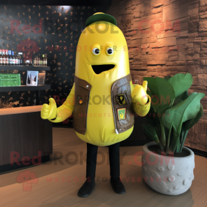 Yellow Cucumber mascot costume character dressed with a Leather Jacket and Lapel pins