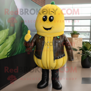 Yellow Cucumber mascot costume character dressed with a Leather Jacket and Lapel pins