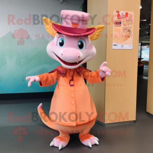 Peach Dragon mascot costume character dressed with a Shift Dress and Hats