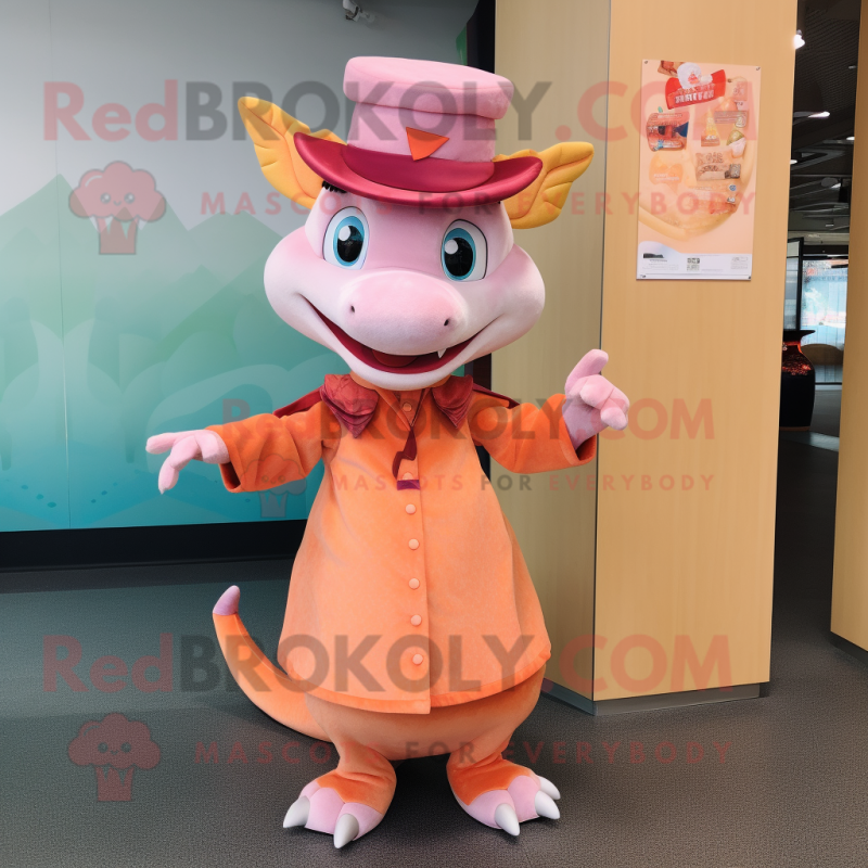 Peach Dragon mascot costume character dressed with a Shift Dress and Hats Peach Dragon mascot costume character dressed with a Shift Dress and Hats