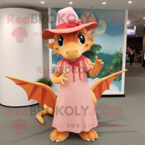 Peach Dragon mascot costume character dressed with a Shift Dress and Hats