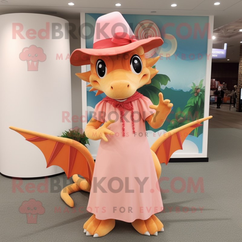 Peach Dragon mascot costume character dressed with a Shift Dress and Hats Peach Dragon mascot costume character dressed with a Shift Dress and Hats