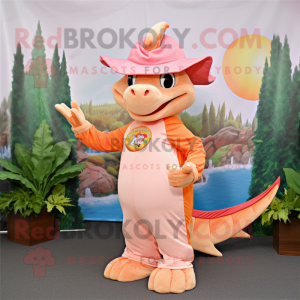 Peach Dragon mascot costume character dressed with a Shift Dress and Hats