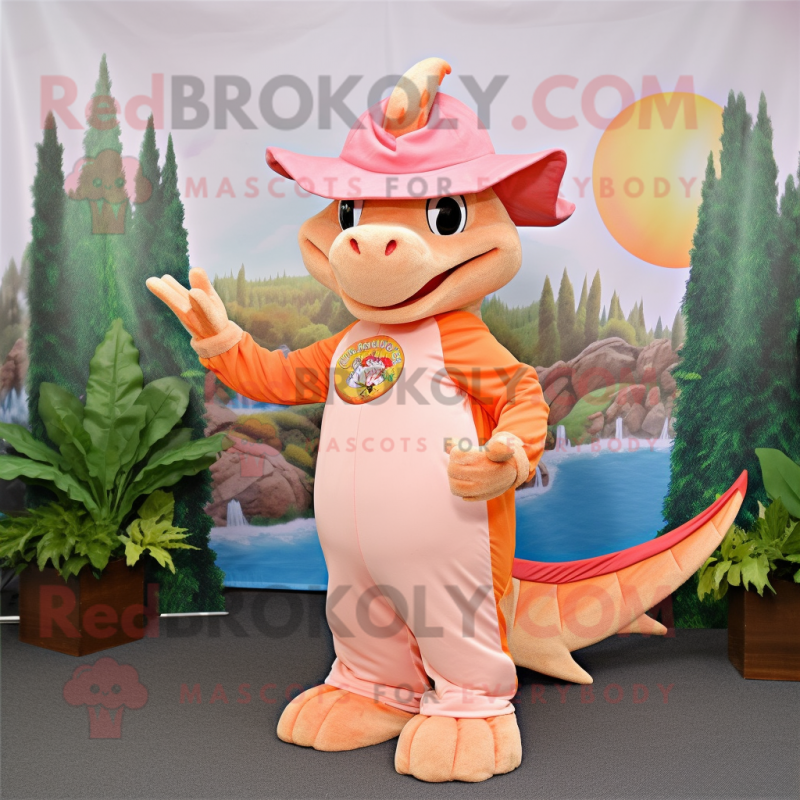 Peach Dragon mascot costume character dressed with a Shift Dress and Hats Peach Dragon mascot costume character dressed with a Shift Dress and Hats