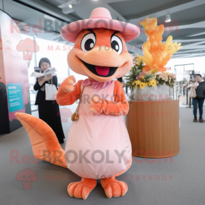 Peach Dragon mascot costume character dressed with a Shift Dress and Hats