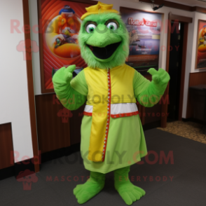 Lime Green Tandoori Chicken mascot costume character dressed with a Jacket and Cummerbunds