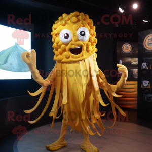 Gold Fried Calamari mascot costume character dressed with a Bodysuit and Bracelets