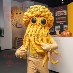 Gold Fried Calamari mascot costume character dressed with a Bodysuit and Bracelets