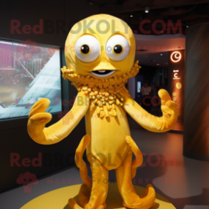 Gold Fried Calamari mascot costume character dressed with a Bodysuit and Bracelets