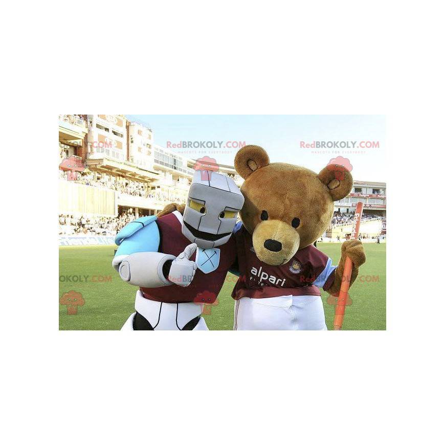 2 mascots a brown bear and a white blue and purple robot -