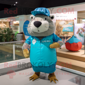 Cyan Capybara mascot costume character dressed with a Swimwear and Berets