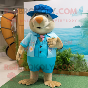 Cyan Capybara mascot costume character dressed with a Swimwear and Berets