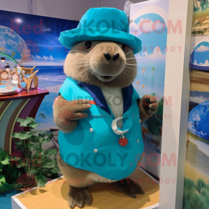 Cyan Capybara mascot costume character dressed with a Swimwear and Berets