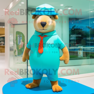 Cyan Capybara mascot costume character dressed with a Swimwear and Berets