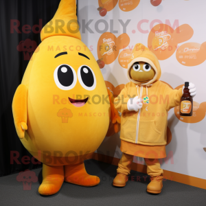 Peach Bottle Of Mustard mascot costume character dressed with a Sweater and Watches