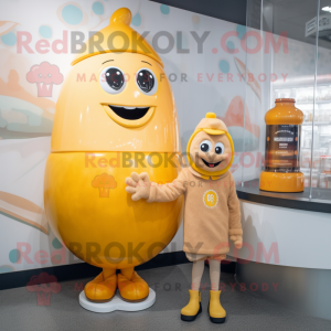 Peach Bottle Of Mustard mascot costume character dressed with a Sweater and Watches