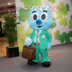 Cyan Bunch Of Shamrocks mascot costume character dressed with a Button-Up Shirt and Briefcases