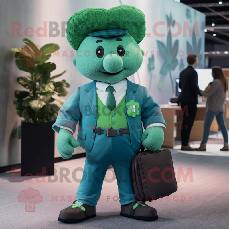 Cyan Bunch Of Shamrocks mascot costume character dressed with a Button-Up Shirt and Briefcases Cyan Bunch Of Shamrocks mascot costume character dressed with a Button-Up Shirt and Briefcases